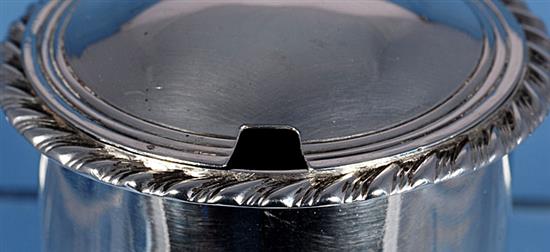 An early Victorian silver drum mustard pot, by John & Henry Lias, height 71mm, weight 4.1oz/129grms.